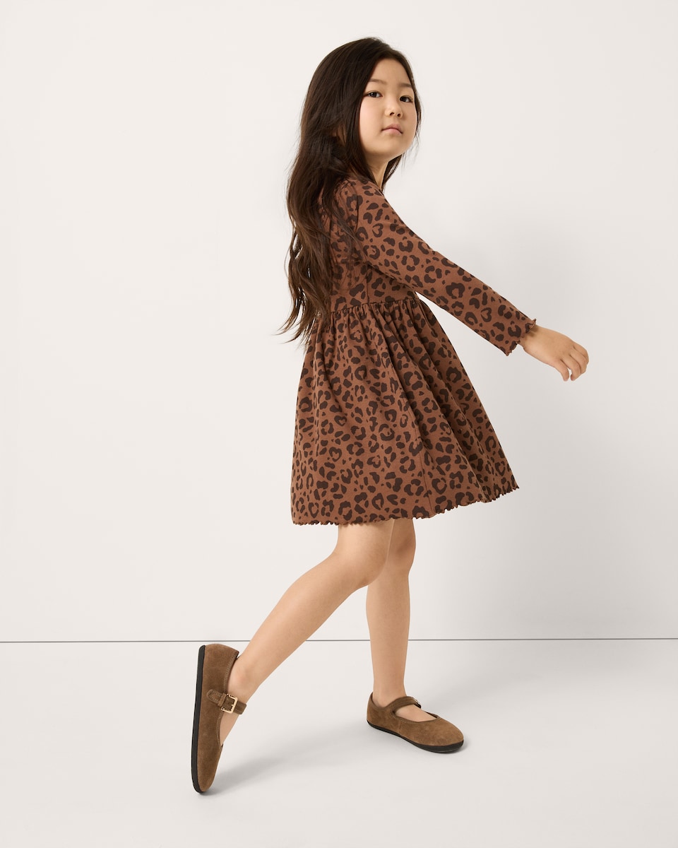 image 1 of F&F Girls Cotton Rich Ribbed Leopard Print Dress in Multi Brown