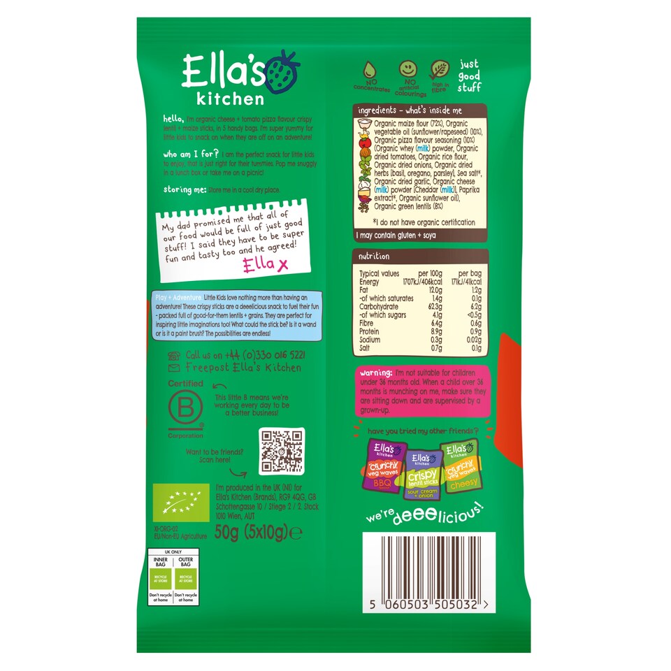 image 1 of Ella's Kitchen Organic Crispy Lentil Sticks, Cheese & Tomato 3Y+ 5x10g