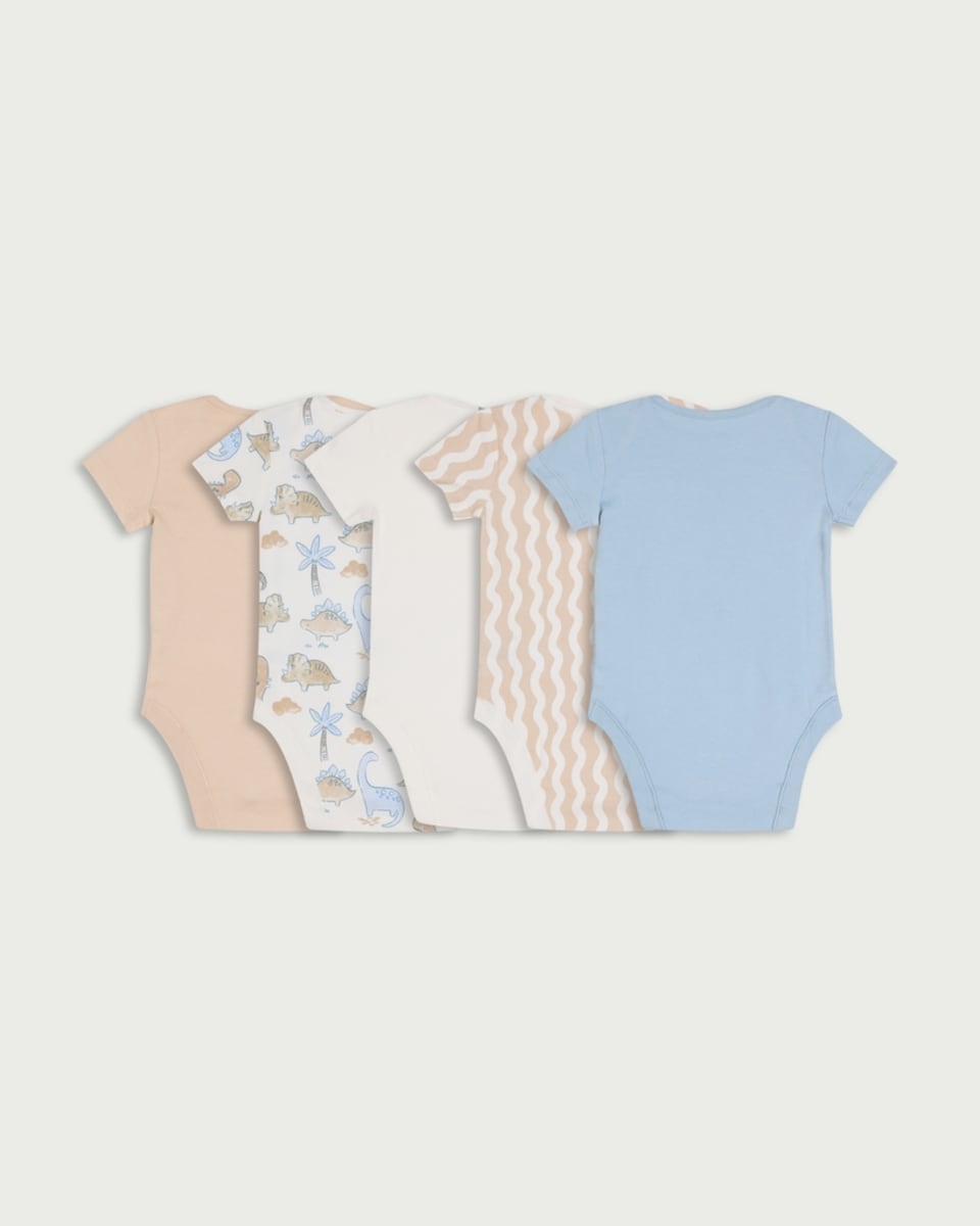 image 1 of F&F Baby 5-Pack Pure Cotton Dinosaur Print Bodysuits in Blue