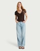 image 2 of F&F Lace Trim V Neck Short Sleeved Top in Brown