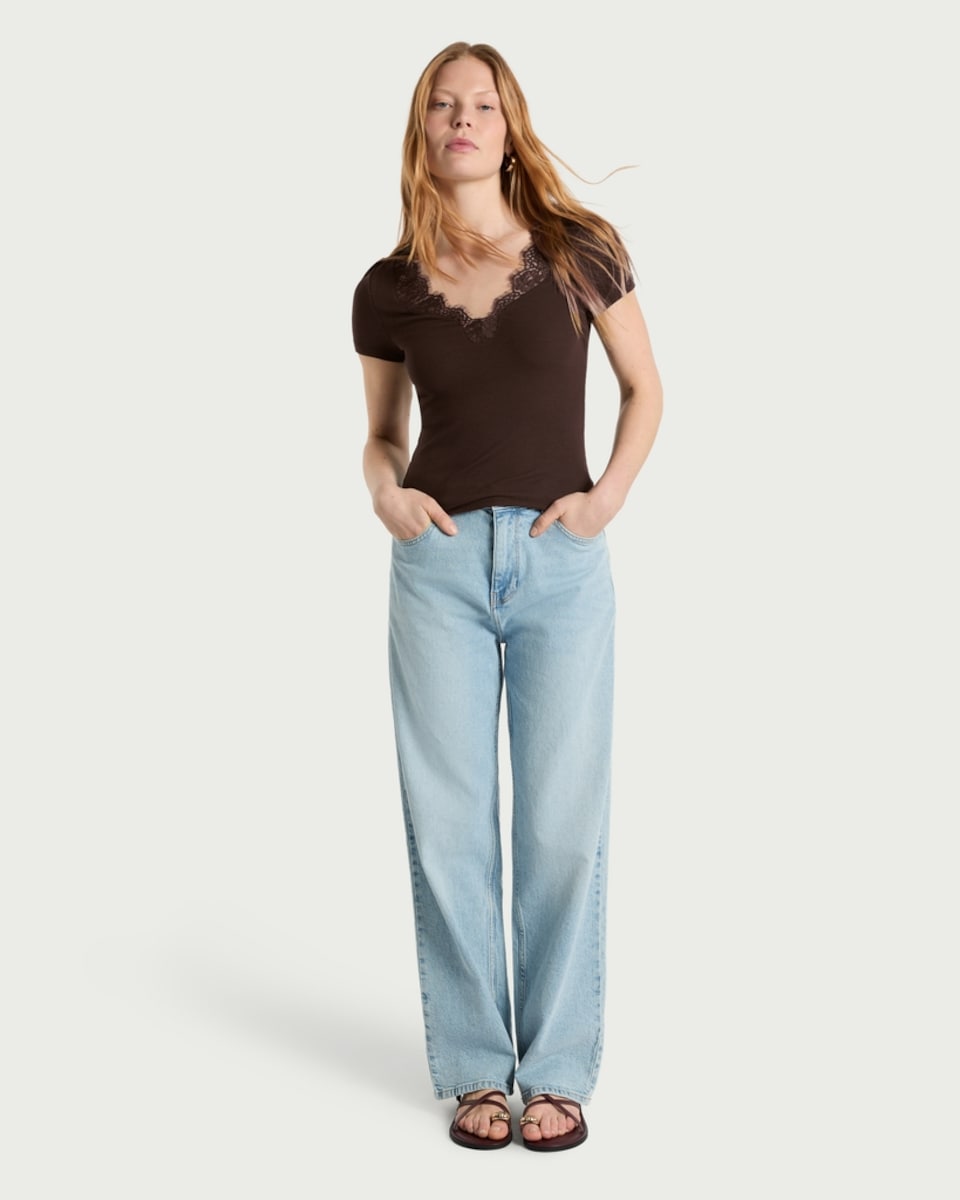 image 1 of F&F Lace Trim V Neck Short Sleeved Top in Brown