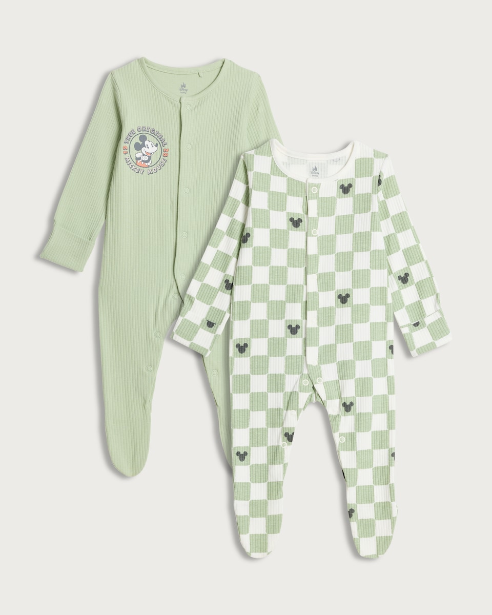 image 1 of Disney 2-Pack Mickey Mouse Long Sleeved Sleepsuits in Green