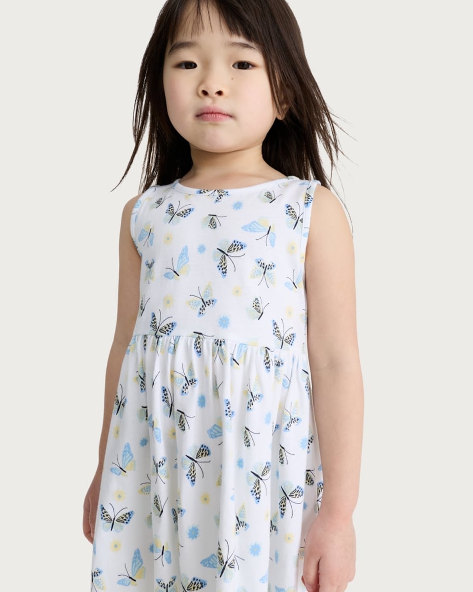 image 1 of F&F Girls Pure Cotton Butterfly Print Sleeveless Dress in Blue
