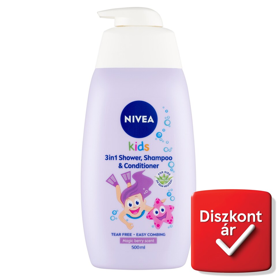 NIVEA Kids Magic Berry 3in1 tusfürdő, sampon és balzsam kamilla és bio aloe vera kivonattal 500 ml  1. kép
