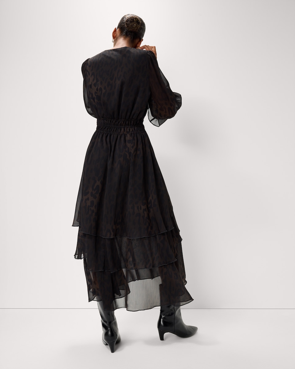 image 1 of F&F Chiffon Printed Tiered Midi Dress in Multi Brown