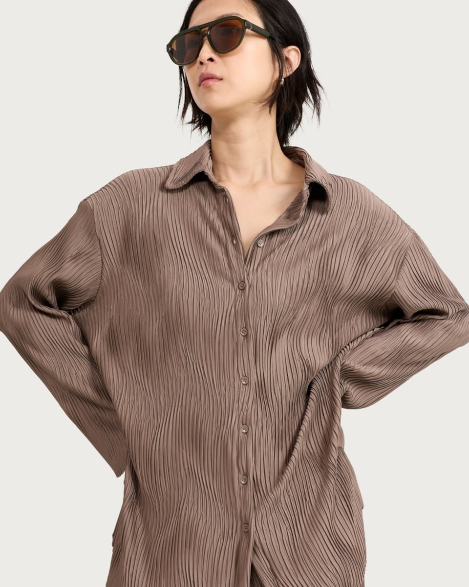 image 1 of F&F Plisse Wave Textured Button Up Co-ord Shirt in Brown