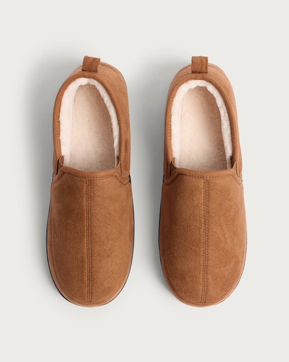 image 1 of F&F Suede Faux Fur Lined Slip On Slippers in Tan