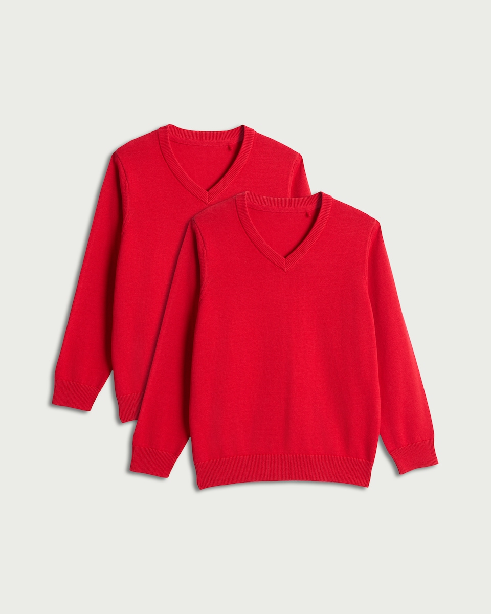 image 1 of F&F School Unisex 2-Pack Pure Cotton V-Neck Jumpers in Red