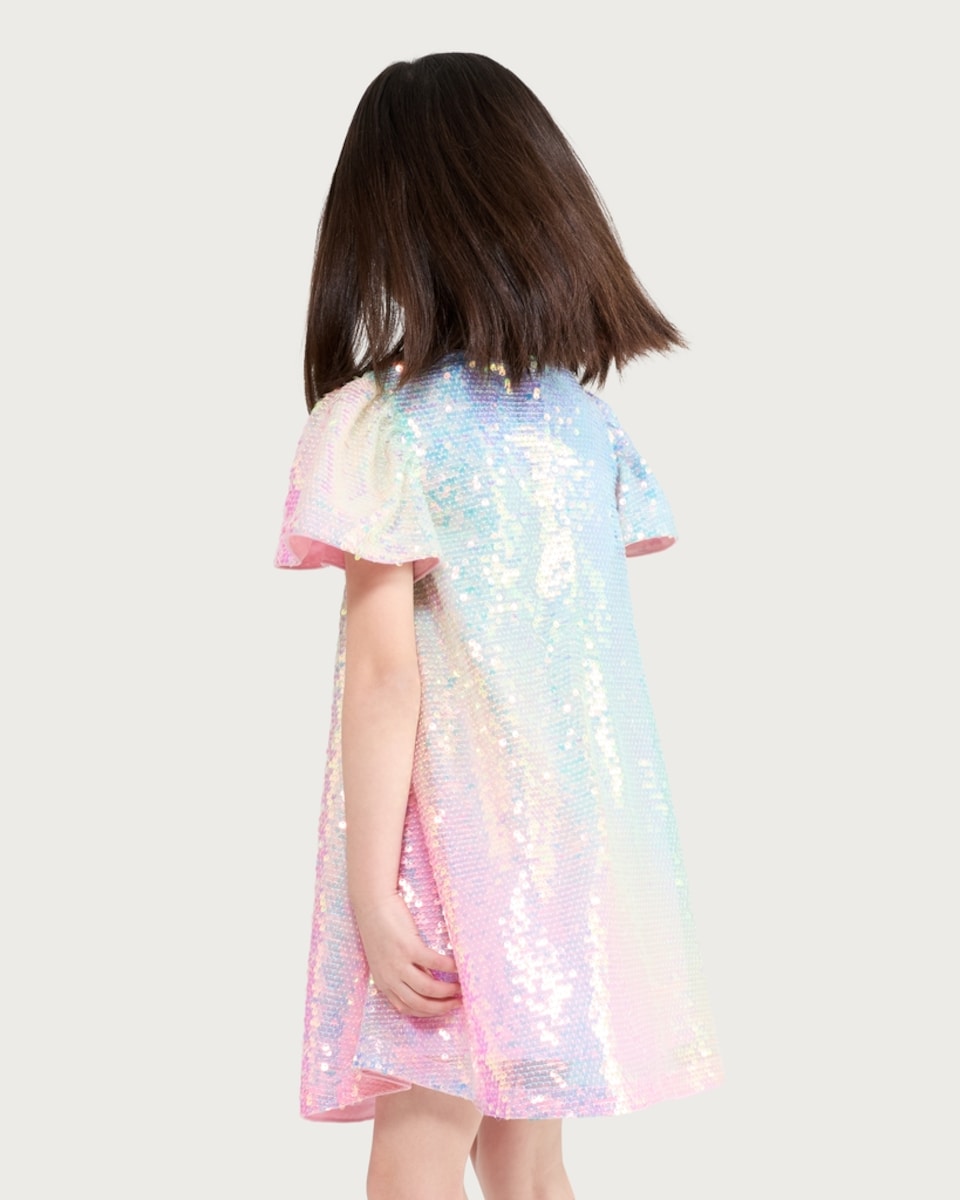image 1 of F&F Girls Rainbow Sequin Embellished Short Sleeved Dress in Multi