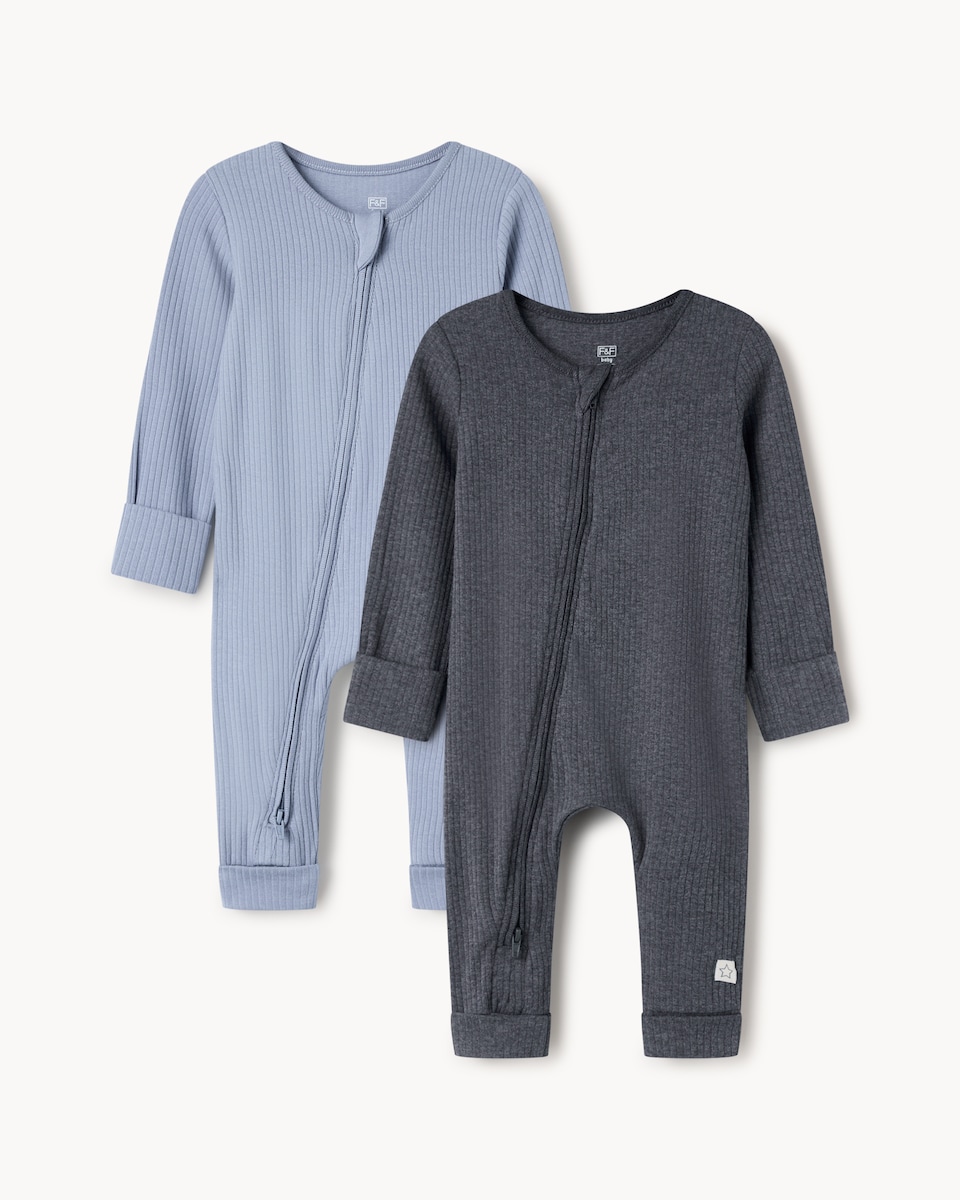image 1 of F&F Baby 2-Pack Cotton Rich Ribbed Sleepsuits in Blue