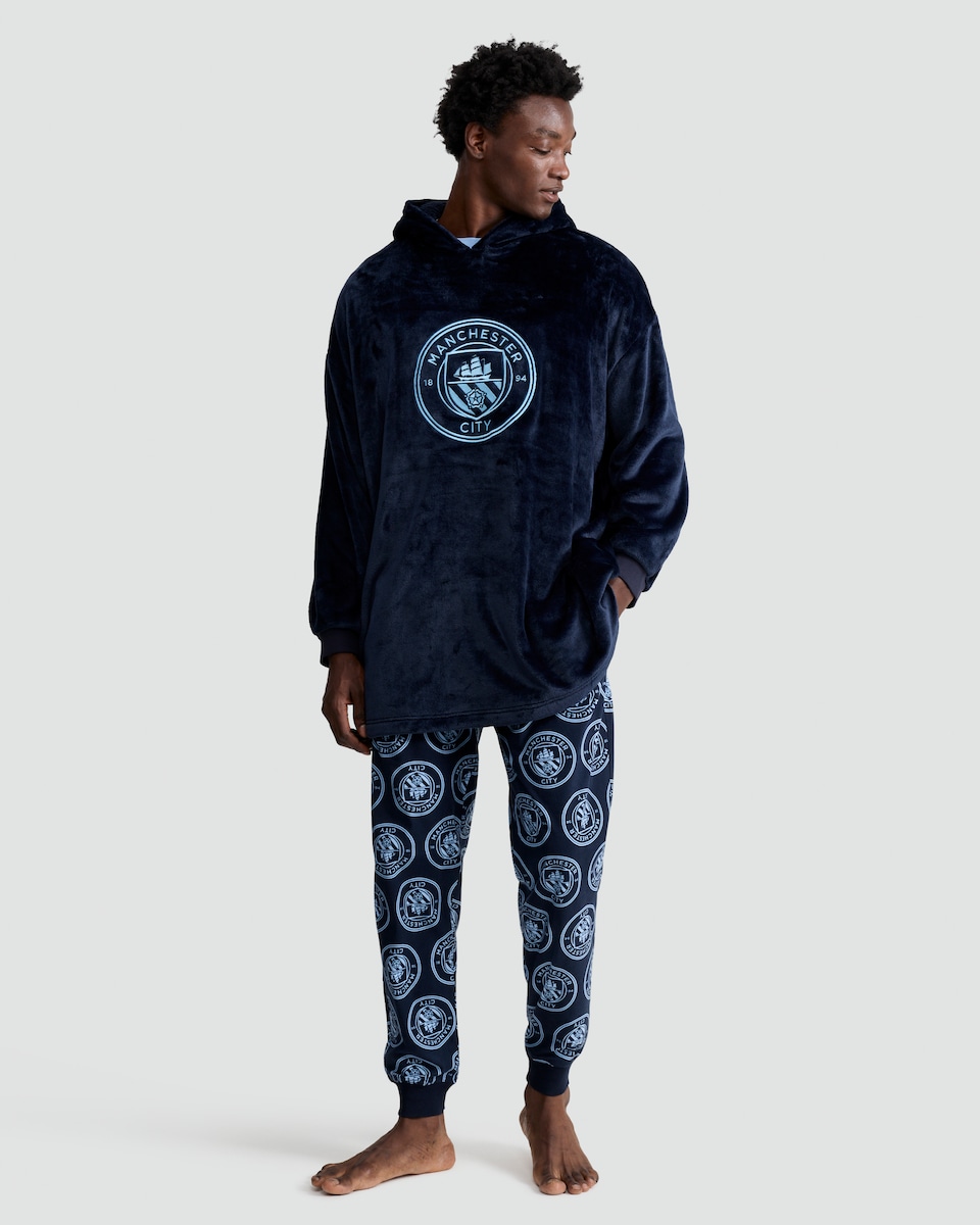 image 1 of Manchester City Fleece Pyjama Hoodie in Navy