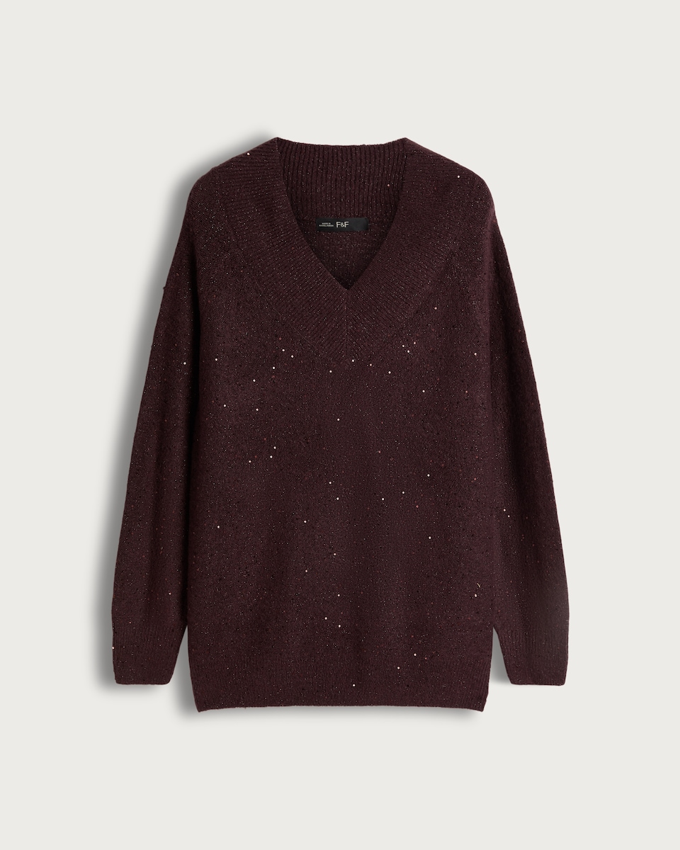 F&F Knitted Sequin V Neck Jumper in Burgundy