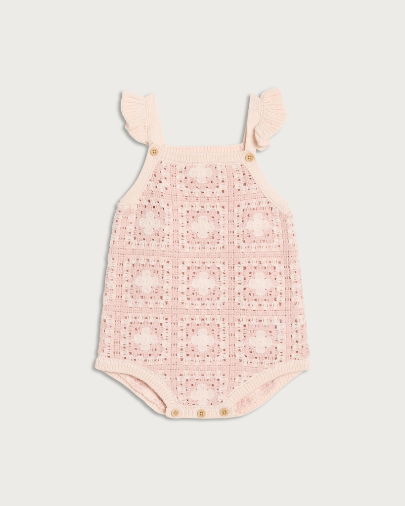 F&F Baby Cotton Rich Knitted Ruffle Strap Romper in Pink