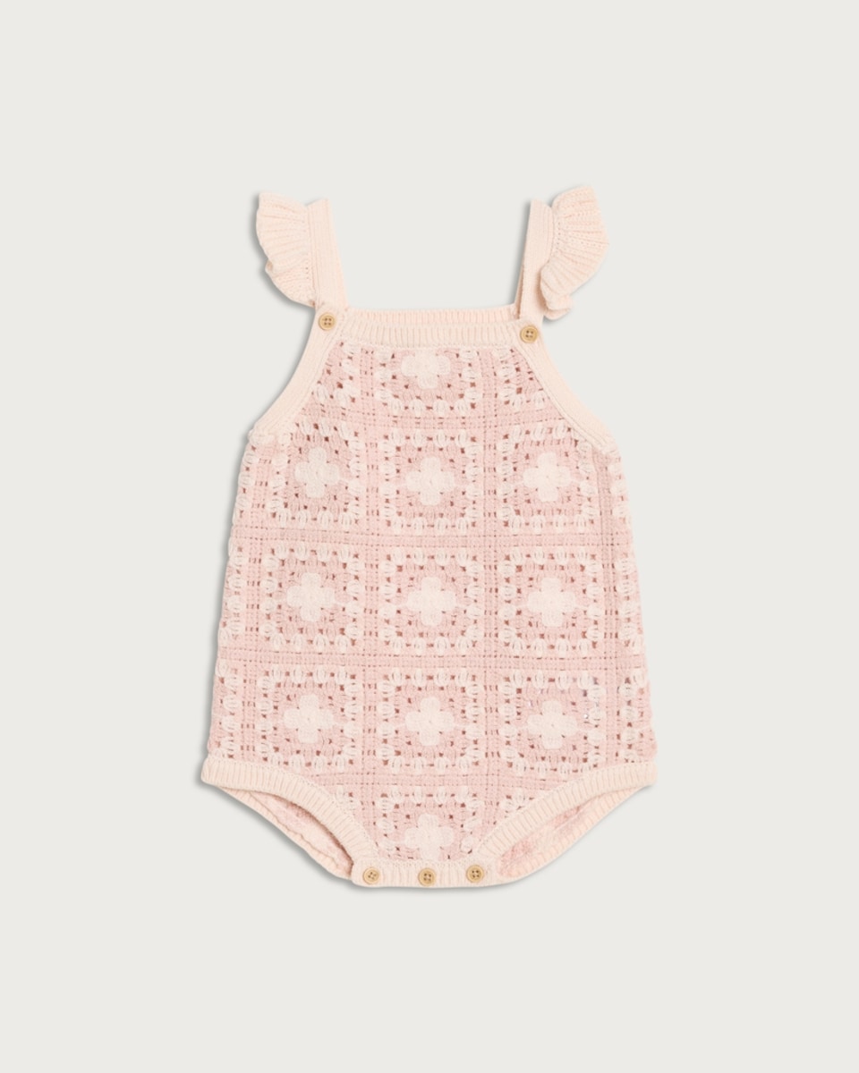 F&F Baby Cotton Rich Knitted Ruffle Strap Romper in Pink