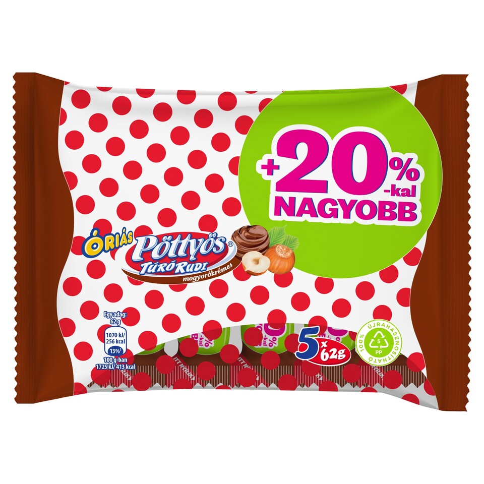 Pöttyös Óriás Túró Rudi mogyorókrémes túródesszert kakaós étbevonattal 5 x 62 g (310 g)