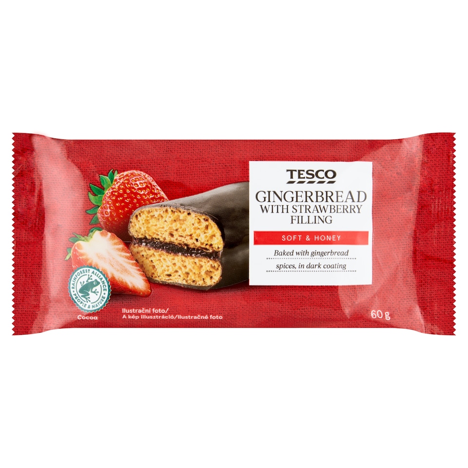 Tesco mézes puszedli epres töltelékkel, sötét színű bevonómasszában 60 g