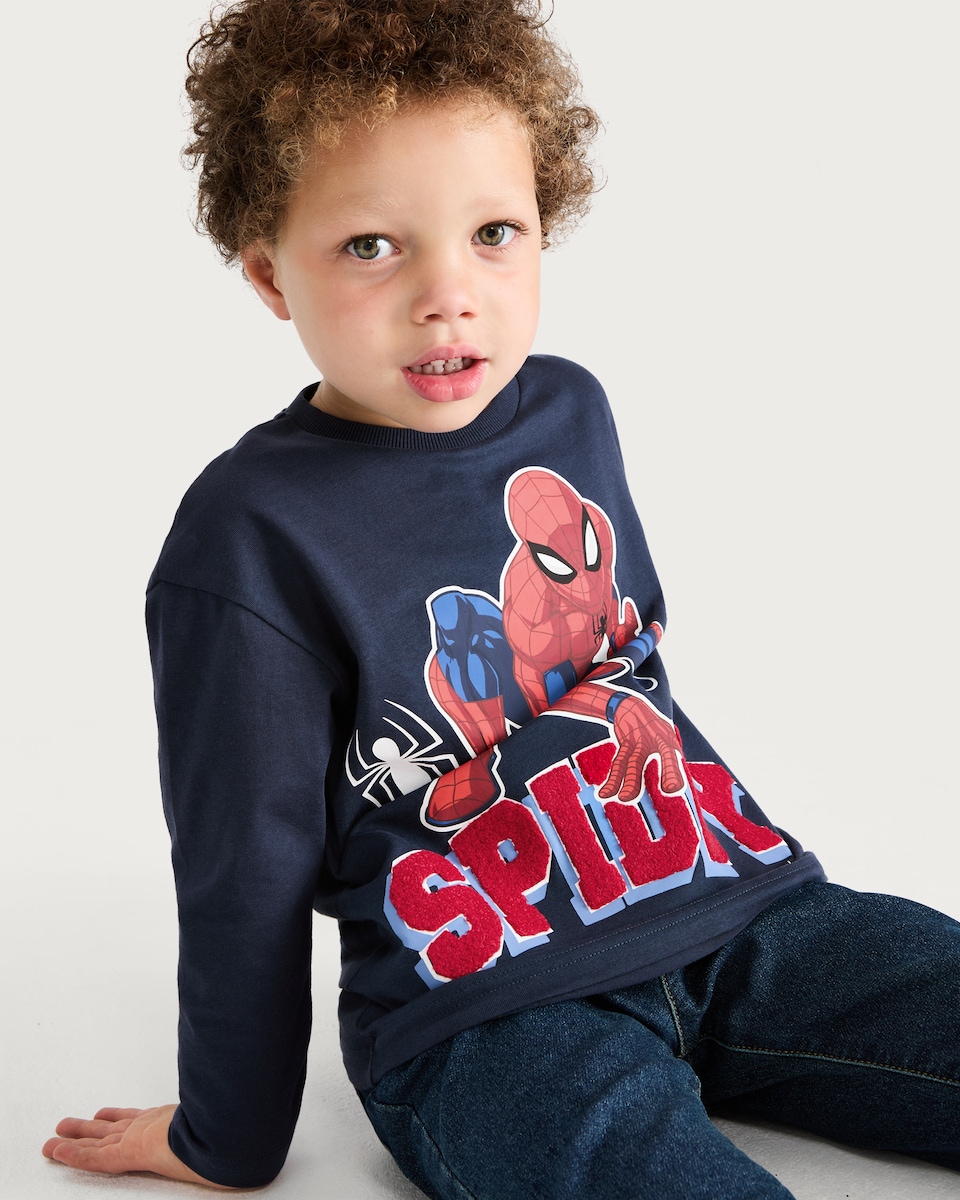 image 1 of Marvel Spider-Man Pure Cotton Long Sleeved Top in Navy