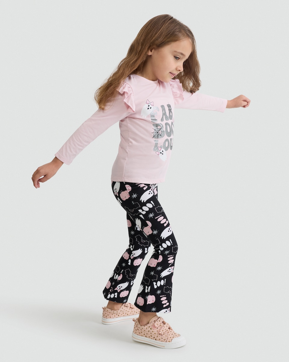 image 1 of F&F Girls 2-Piece Pure Cotton Fabulous Ghost Print Top and Legging Set in Multi Pink
