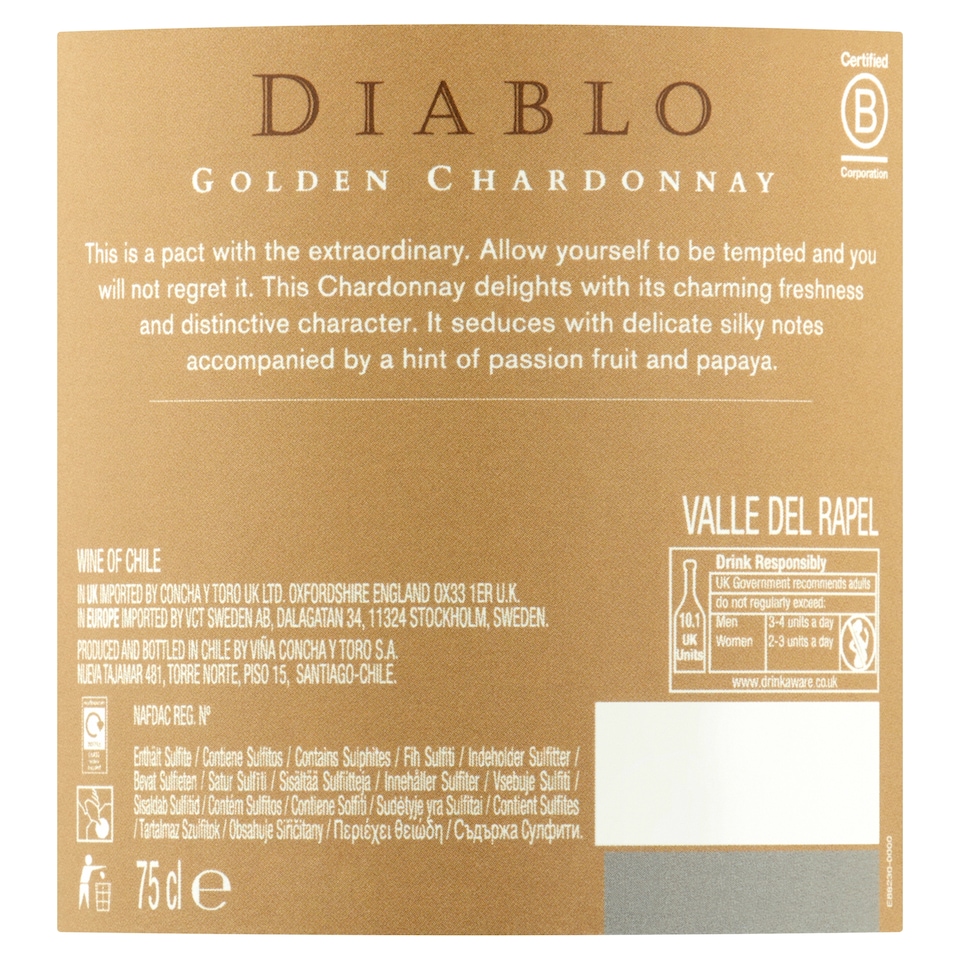 image 1 of Diablo Golden Chardonnay White Wine 75Cl