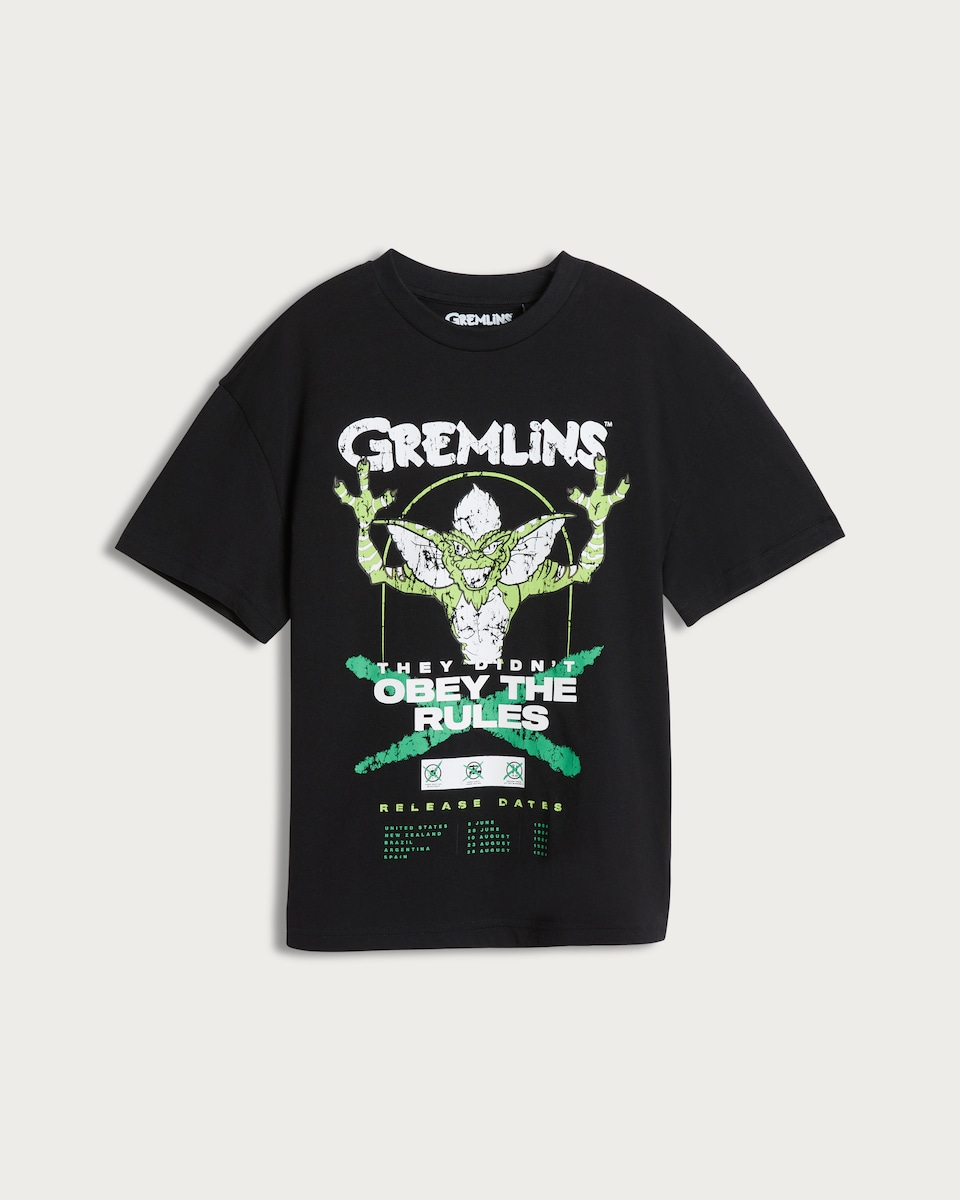 Gremlins Obey the Rules Print Pure Cotton T-Shirt in Grey