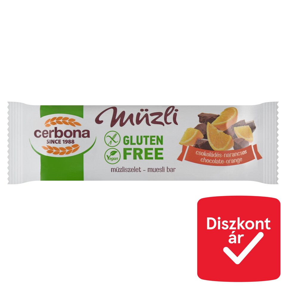 Cerbona gluténmentes csokoládés-narancsos müzliszelet kakaós bevonó talppal 35 g  1. kép