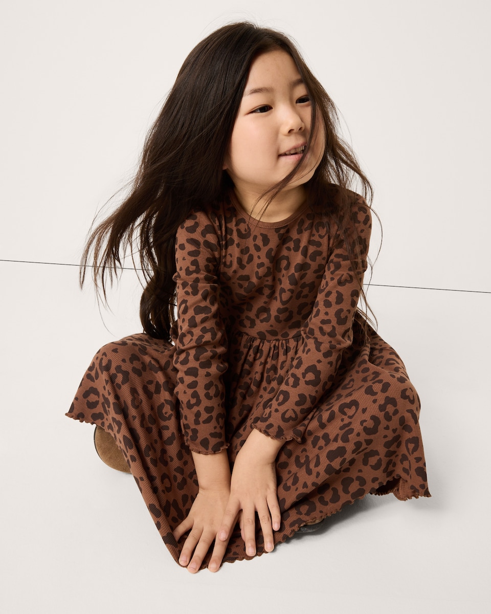 image 1 of F&F Girls Cotton Rich Ribbed Leopard Print Dress in Multi Brown