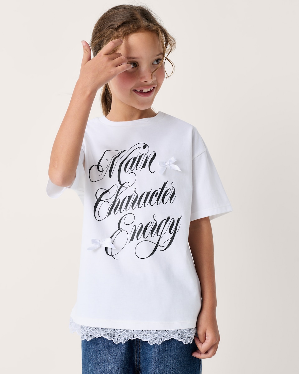 image 1 of F&F Girls Pure Cotton Slogan T-Shirt in White