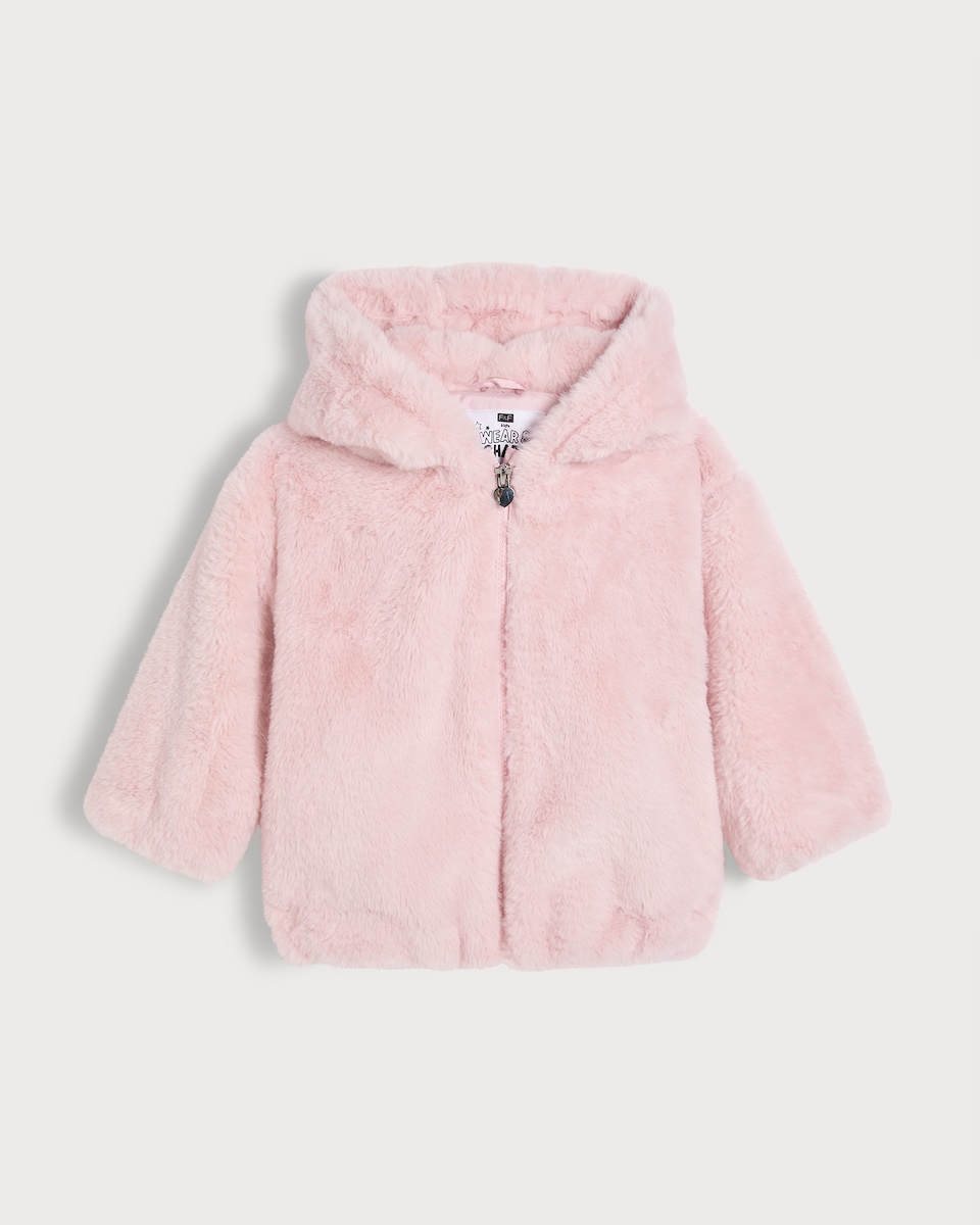 image 1 of F&F Girls Faux Fur Hooded Jacket in Pink