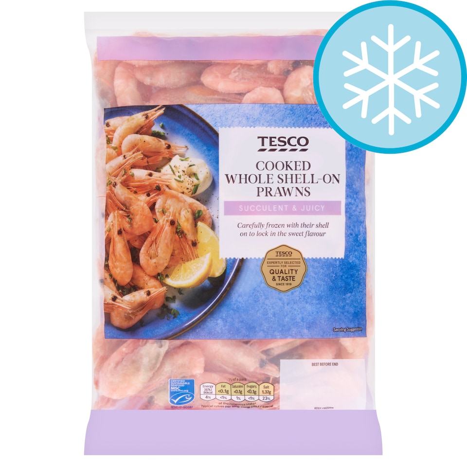 Tesco Cooked Whole Shell Prawns 500G
