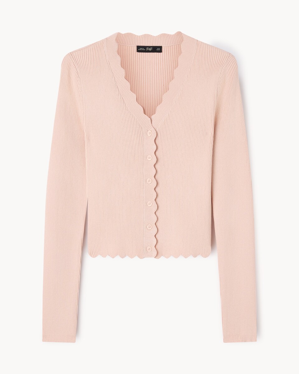 image 1 of F&F Scallop Edge V Neck Cardigan in Pink