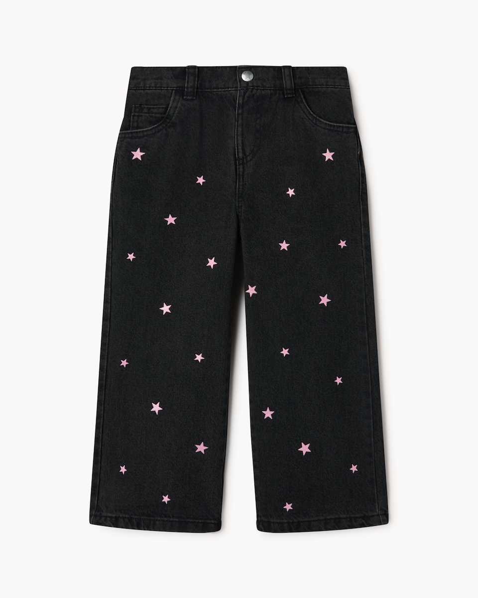image 1 of F&F Girls Pure Cotton Star Embroidered Wide Leg Jeans in Black
