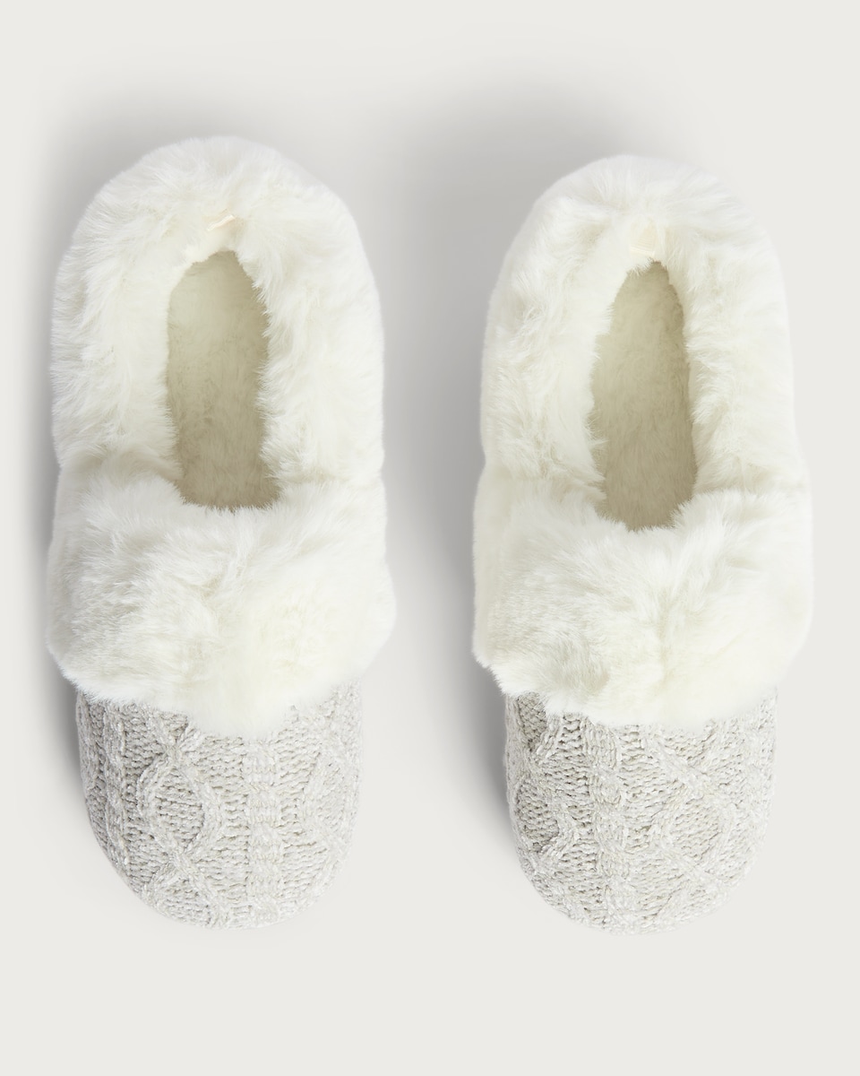 image 1 of F&F Cable Knit Faux Fur Lined Slippers in Grey
