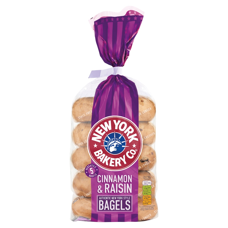 New York Bakery Co Cinnamon & Raisin Bagels 5 Pack