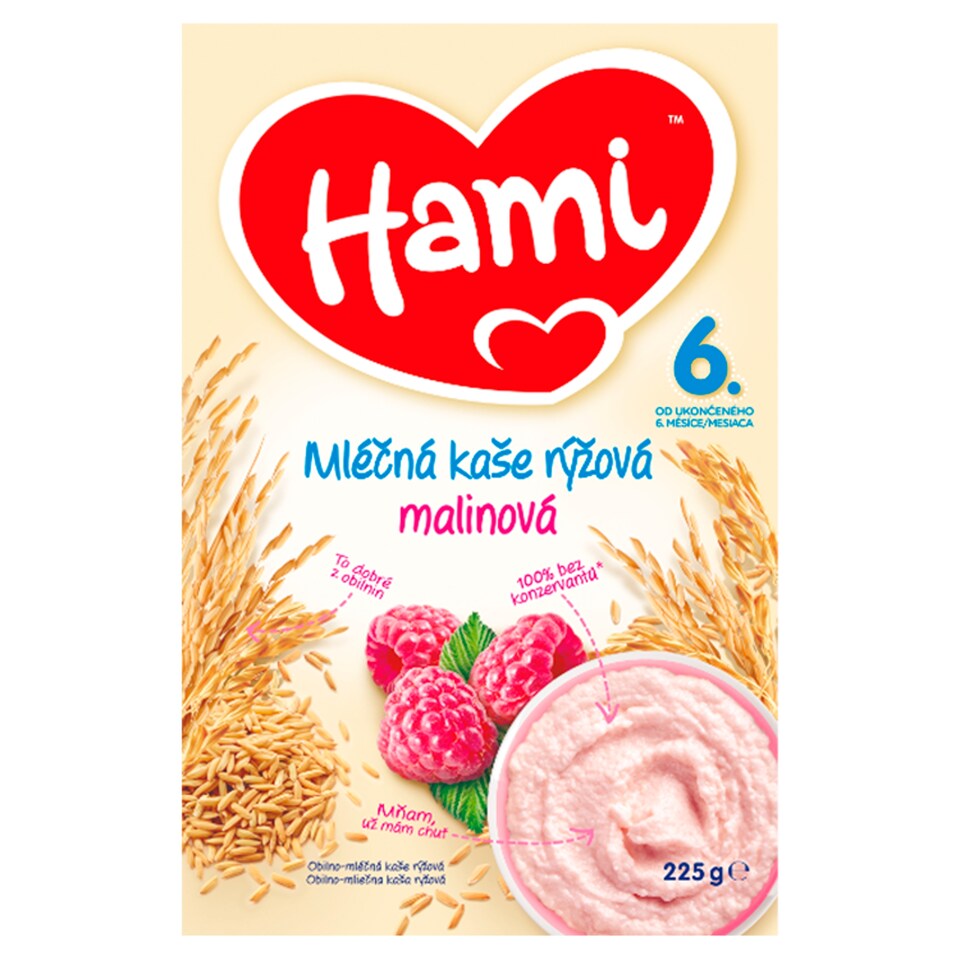 Obrázek 1 pro produkt Hami mléčná kaše rýžová malinová od uk. 6. měsíce 225g