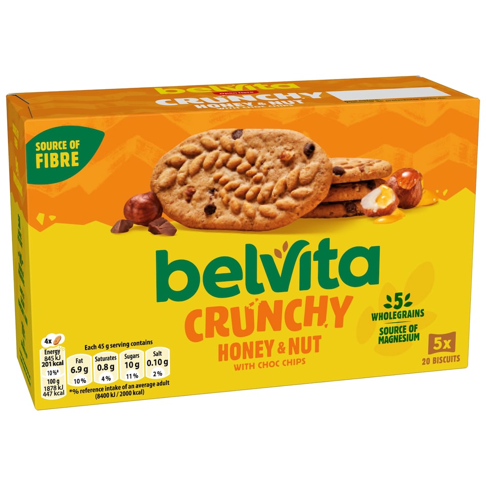 image 1 of Belvita Breakfast Honey & Nut with Chocolate Chip Cereal Biscuit Snack Bars Pack 5 x 45g