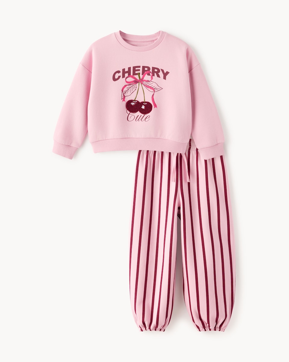 image 1 of F&F Girls Cotton Rich Cherry Sweatshirt and Joggers Set in Multi Pink