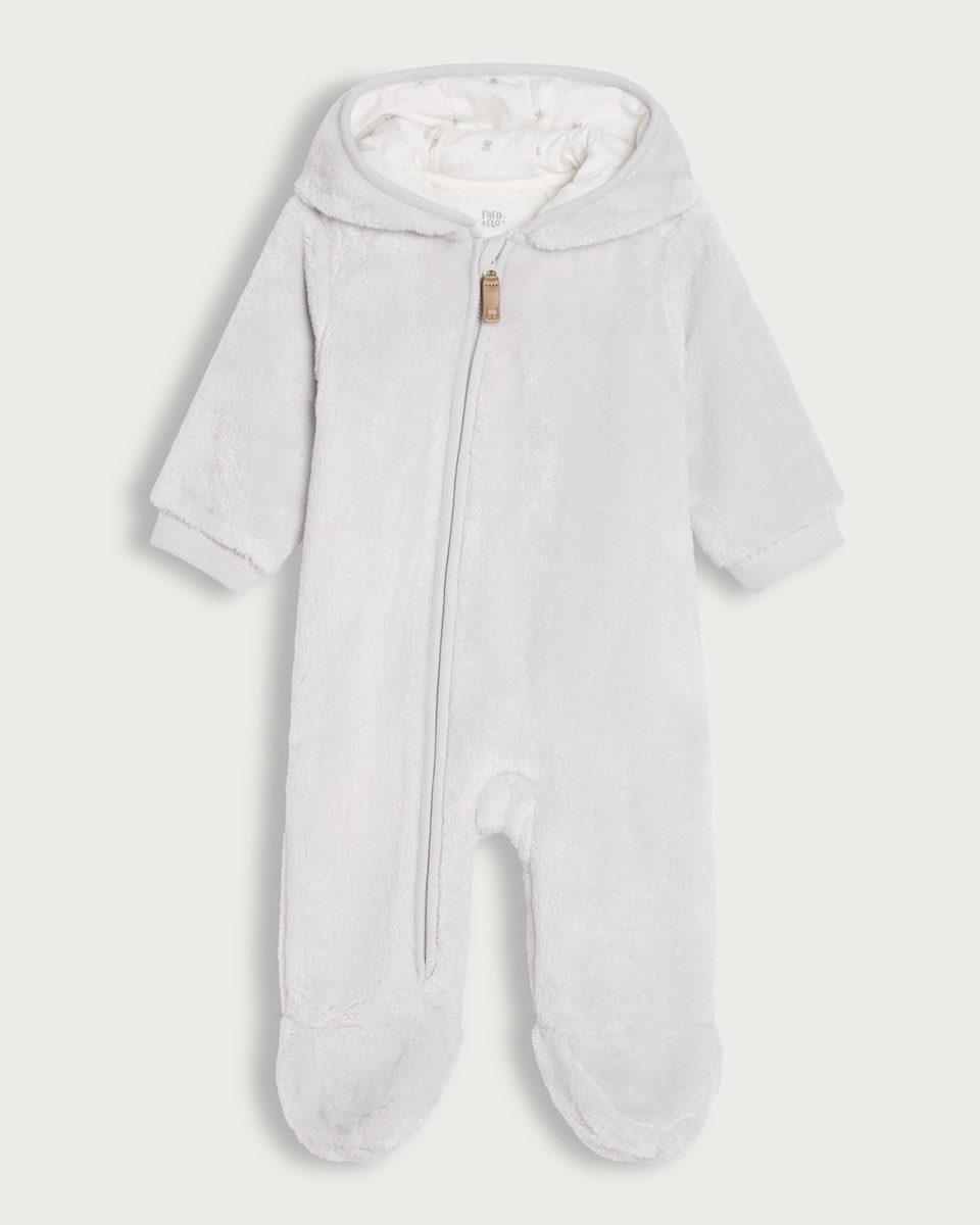 image 1 of F&F Baby Cosy Fleece Zip Front Ear Hooded Pramsuit in Grey Marl