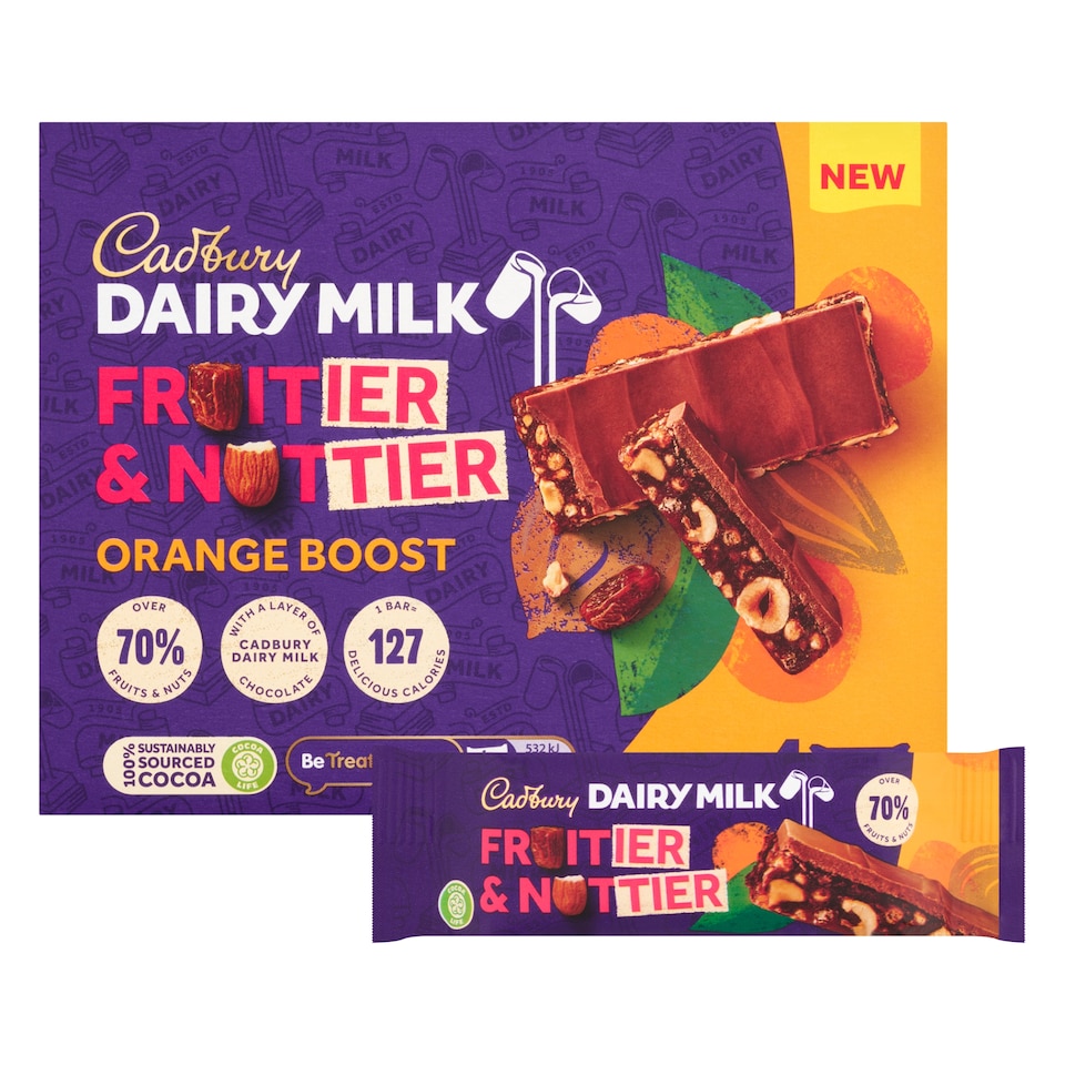 image 1 of Cadbury Dairy Milk Fruitier & Nuttier Orange Boost Chocolate Bars 4 x 30g