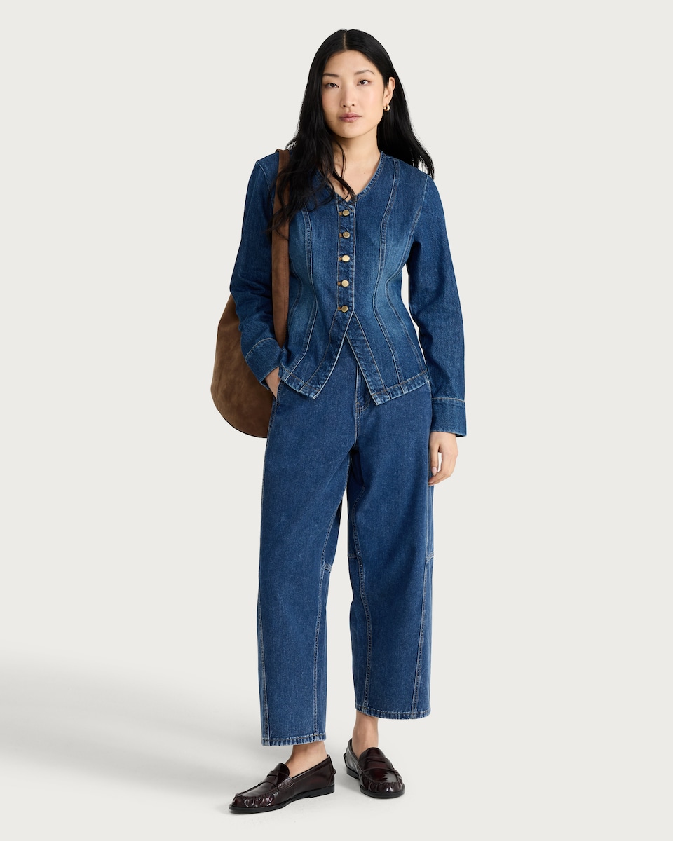 image 1 of The F&F Edit Seam Detail Button Up Denim Shirt in Blue