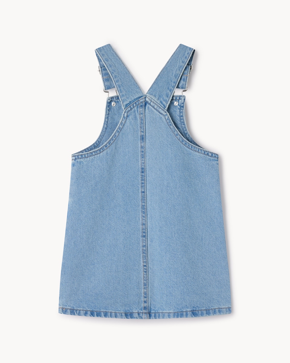 image 1 of F&F Girls Cotton Rich Denim Unicorn Pinafore and Top Set in Blue