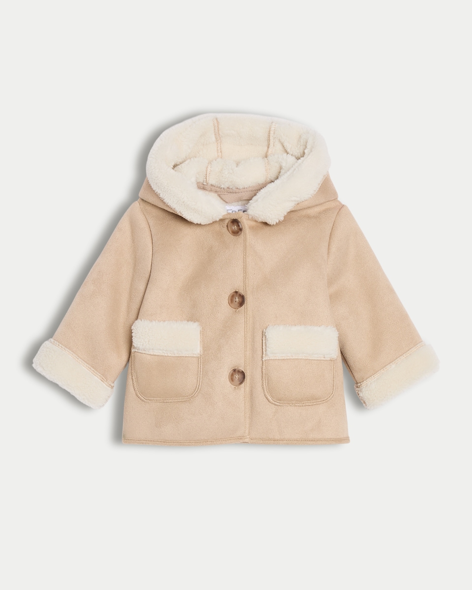 image 1 of F&F Baby Faux Shearling Trim Hooded Jacket in Tan