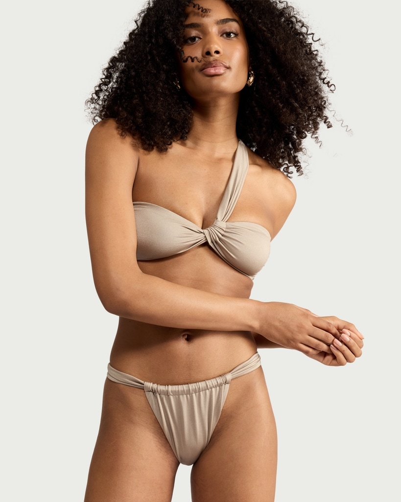 F&F High Shine Gathered High Leg Bikini Bottoms in Grey