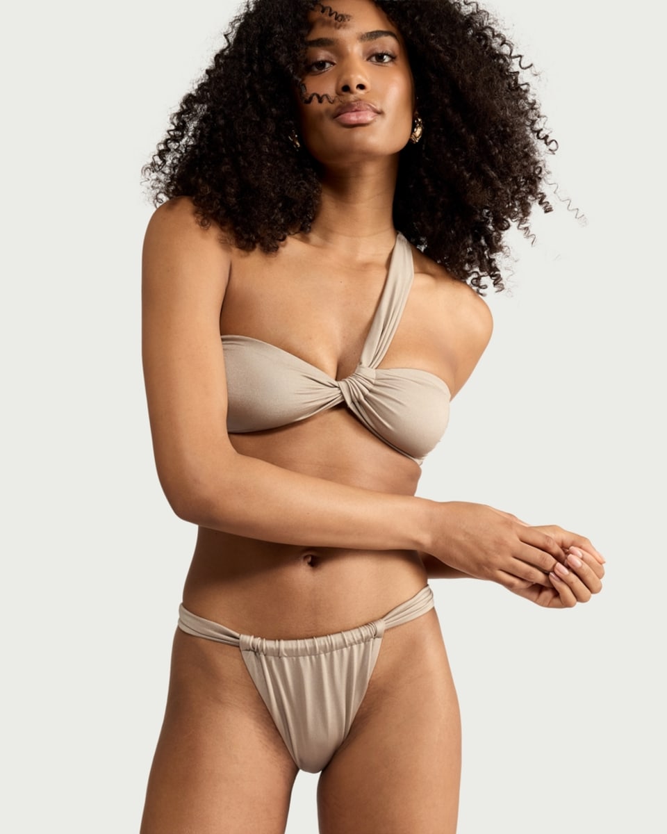 image 1 of F&F High Shine Gathered High Leg Bikini Bottoms in Grey