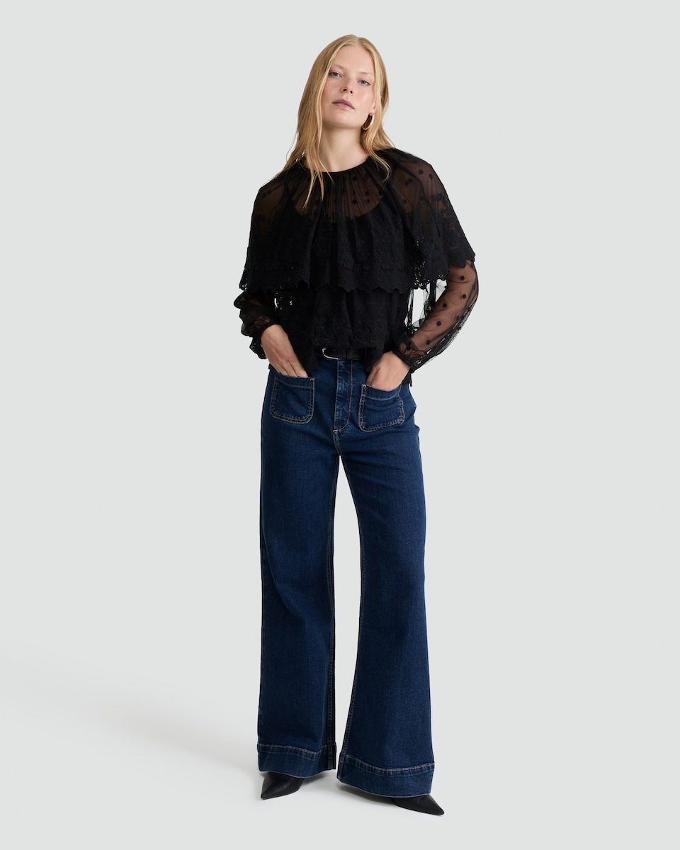 image 1 of The F&F Edit Embroidered Sheer Long Sleeved Blouse in Black
