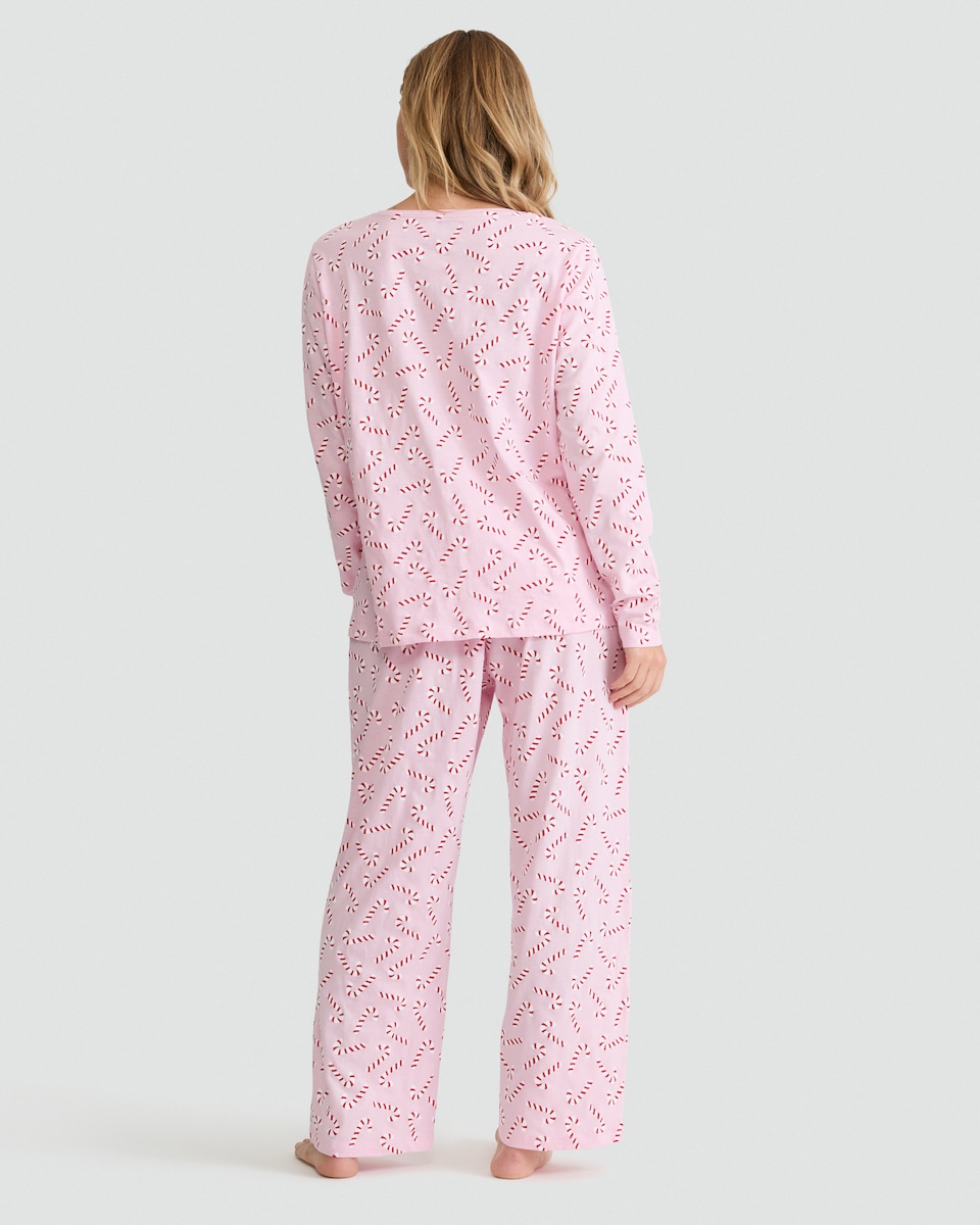 image 1 of F&F Pure Cotton Candy Cane Print Top and Trousers Pyjamas in Pink