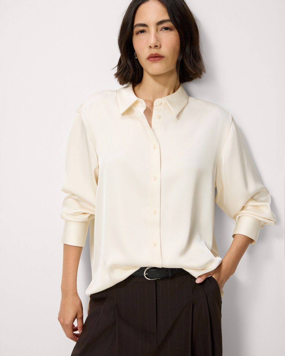 image 1 of F&F Satin Collared Oversized Co-ord Shirt in Cream