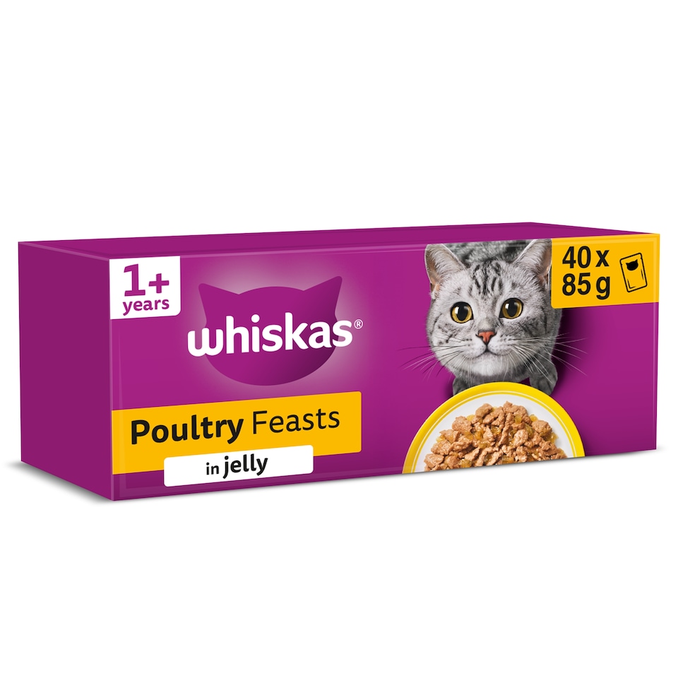image 1 of Whiskas Adult Cat Food Pouches Poultry Feasts in Jelly 40x85g