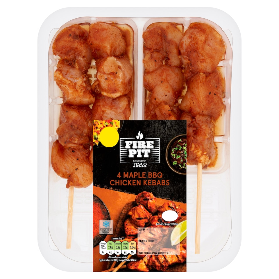Tesco Fire Pit 4 Maple Bbq Chicken Kebabs 260G