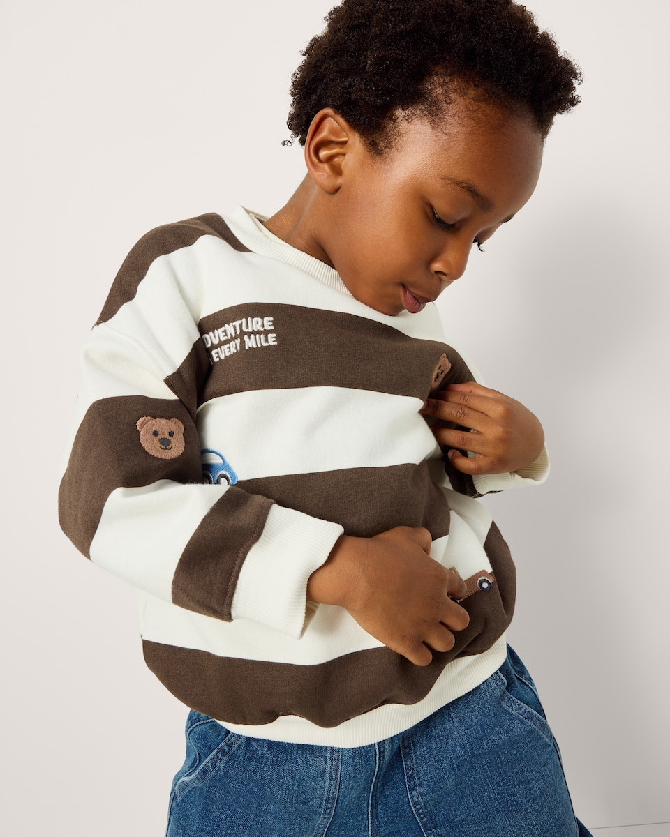image 1 of F&F Boys Cotton Rich Striped Embroidered Sweatshirt in Brown
