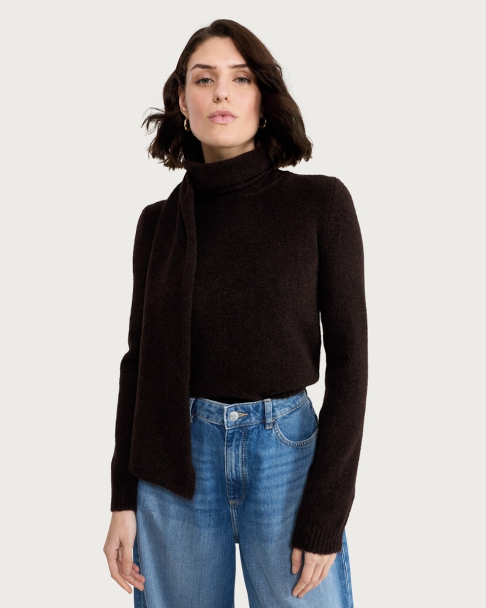 image 1 of F&F Asymmetric Turtleneck Scarf Neck Jumper in Brown